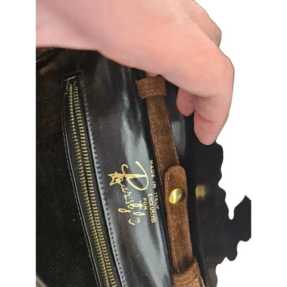 Made In Italy Shoulder bag Cognac Brown Suede Leather Structural Rectangle Purse - Picture 5 of 8